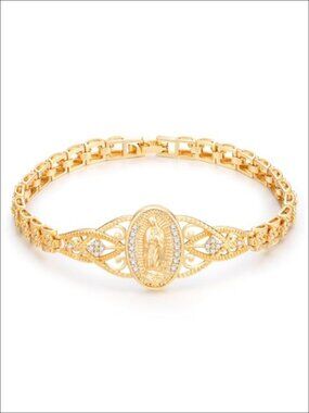 14k Gold Plated Virgin Mary Catholic Bracelet Cubic Zirconia Chain Link